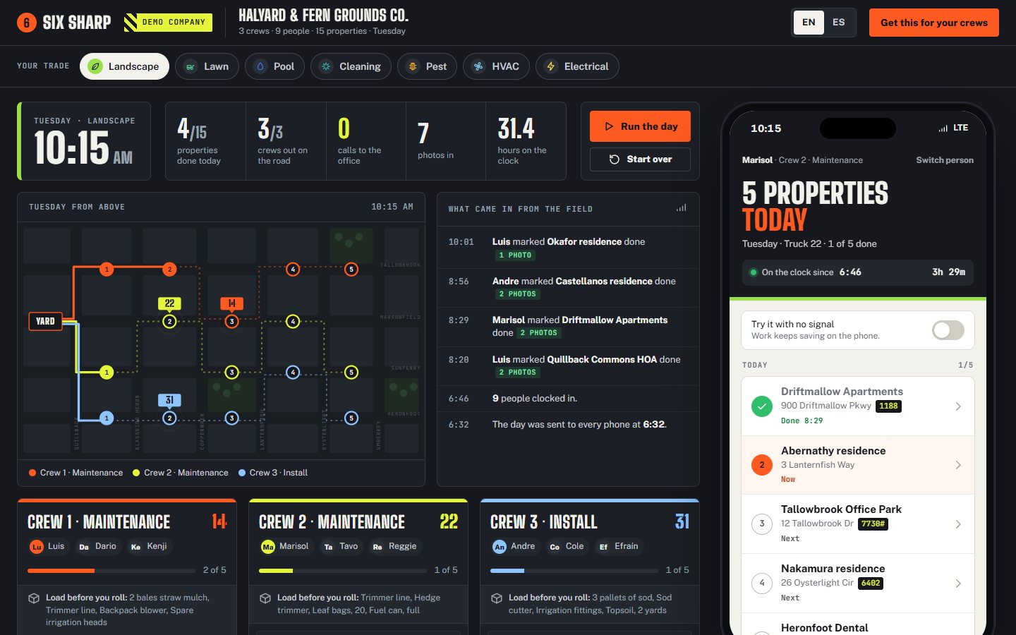 The Six Sharp office board in the demo company: every crew and stop for the day on one screen.