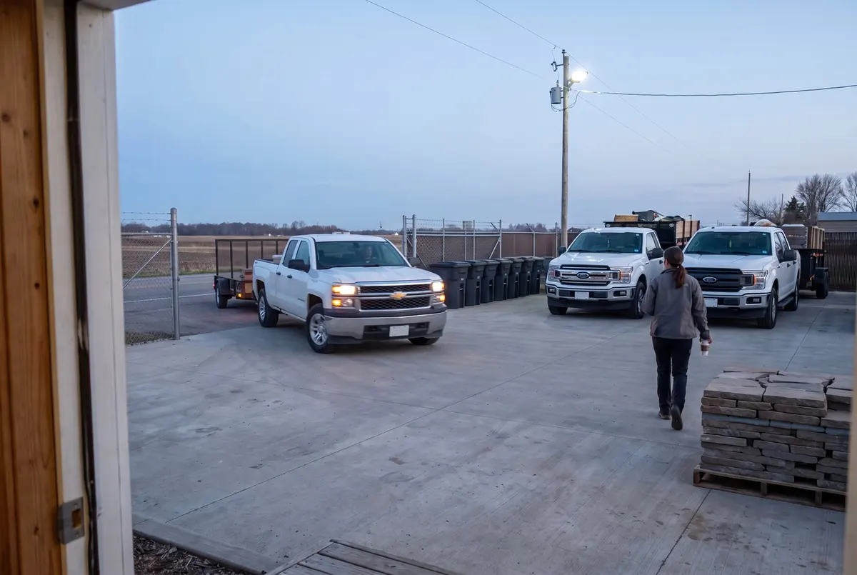 A crew lead walks across a clean yard at dawn as white pickups with trailers head out for the day.