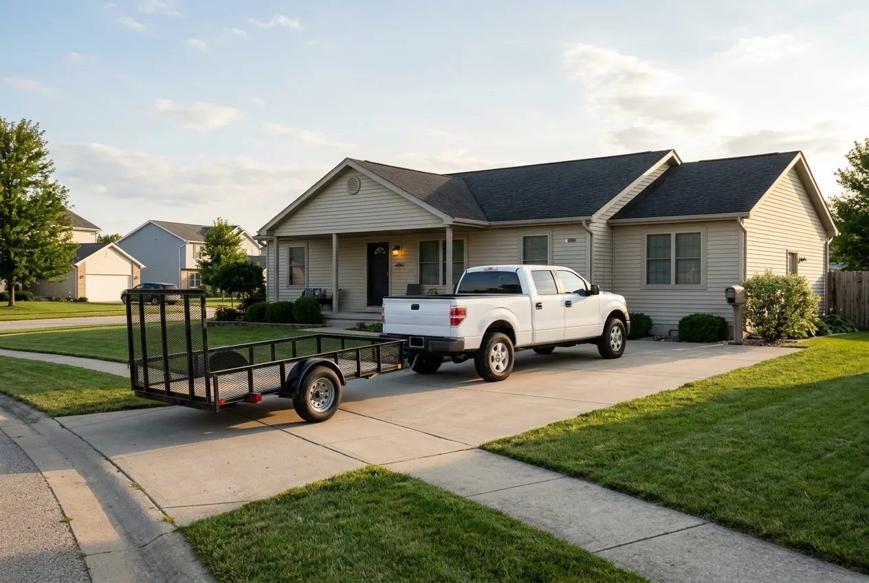 A white work pickup with an empty trailer parked in the driveway of a house in late afternoon light, porch light on.