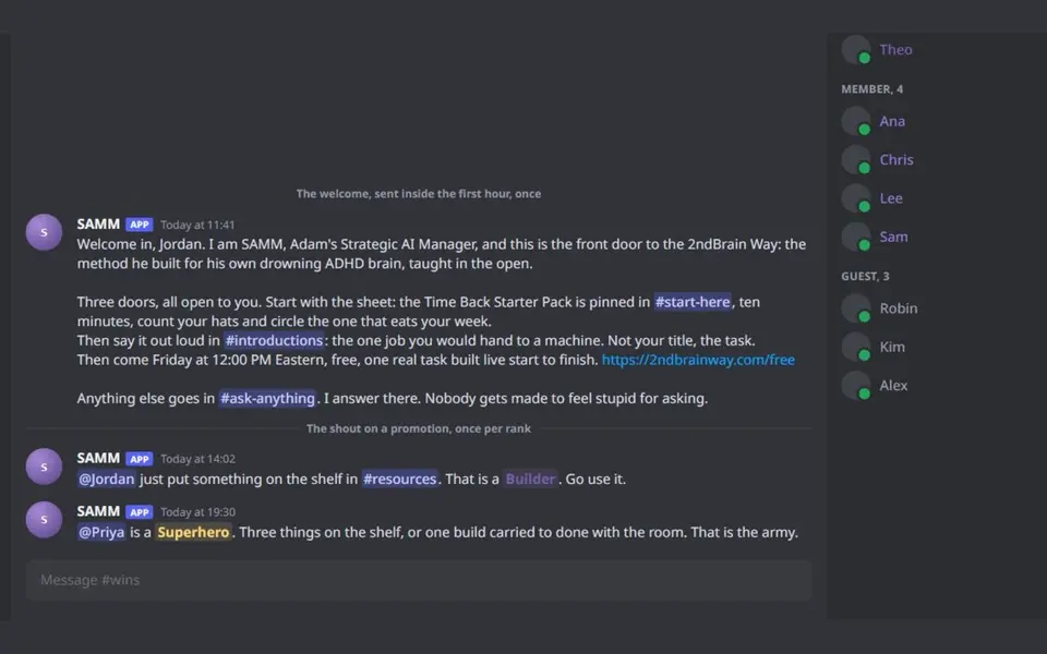 A Discord welcome channel where the host greets a new member and explains the rooms, using sample members.